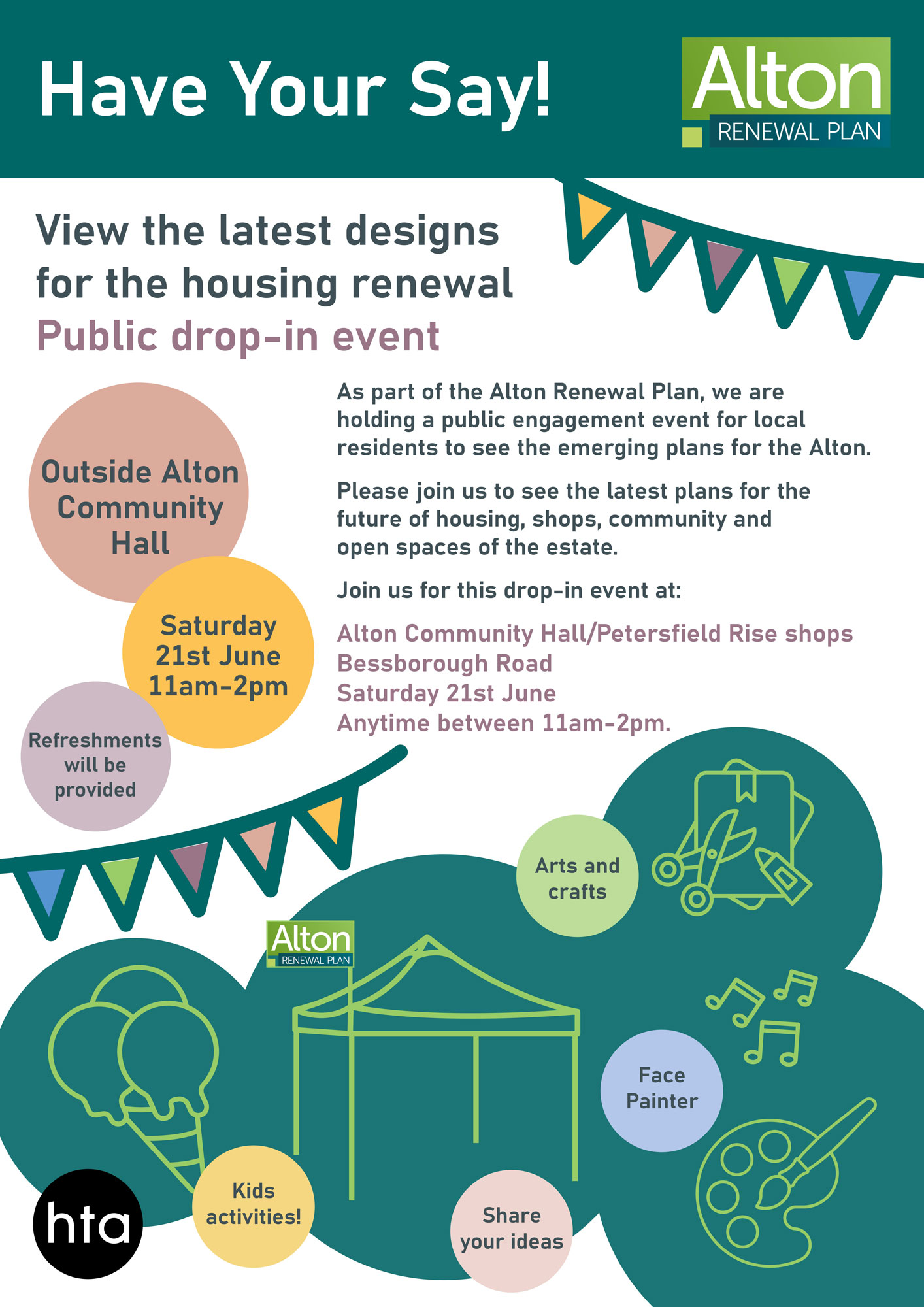 Poster advertising an Alton Renewal Plan public drop-in event on Saturday 21st June outside Alton Community Hall