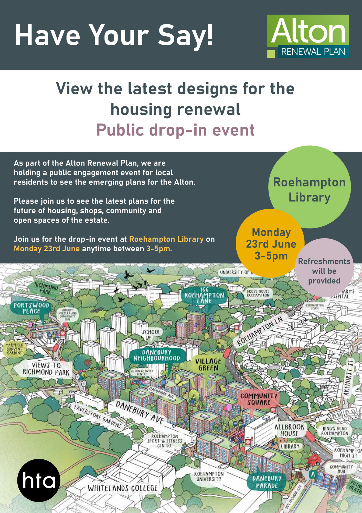 Poster advertising a public drop-in event at Roehampton Library, on Monday 23rd June, between 3pm and 5pm