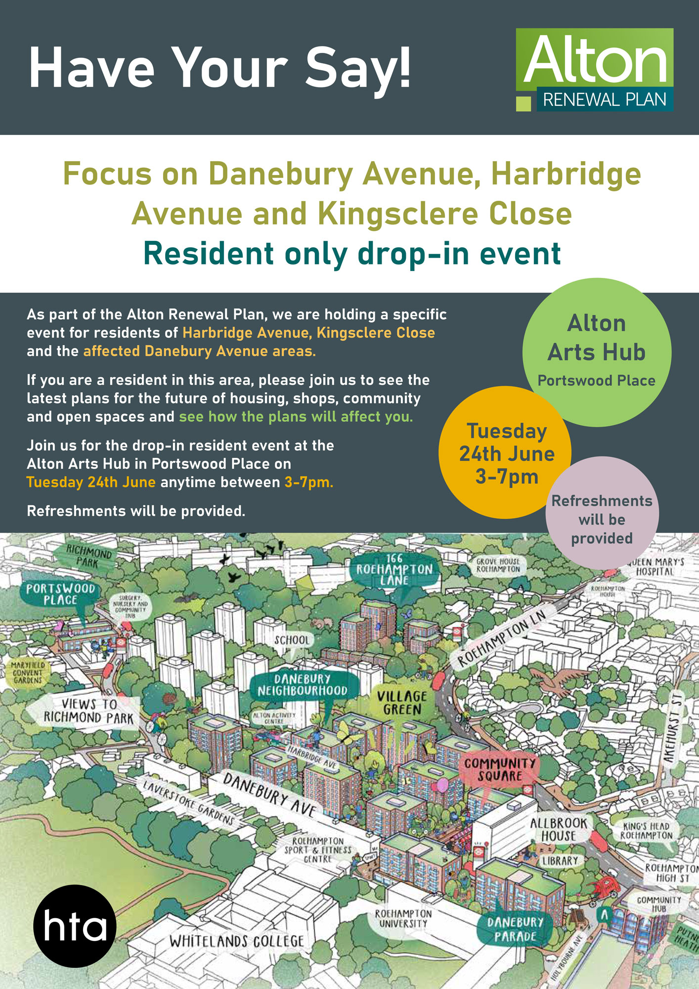 Poster advertising a resident only-drop-in event which focuses on Focus on Danebury Avenue, Harbridge Avenue and Kingsclere Close