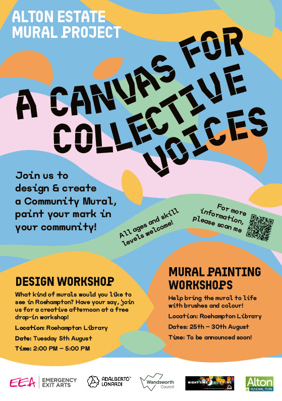 A colourful poster advertising a design workshop and some mural painting workshops to create a community mural