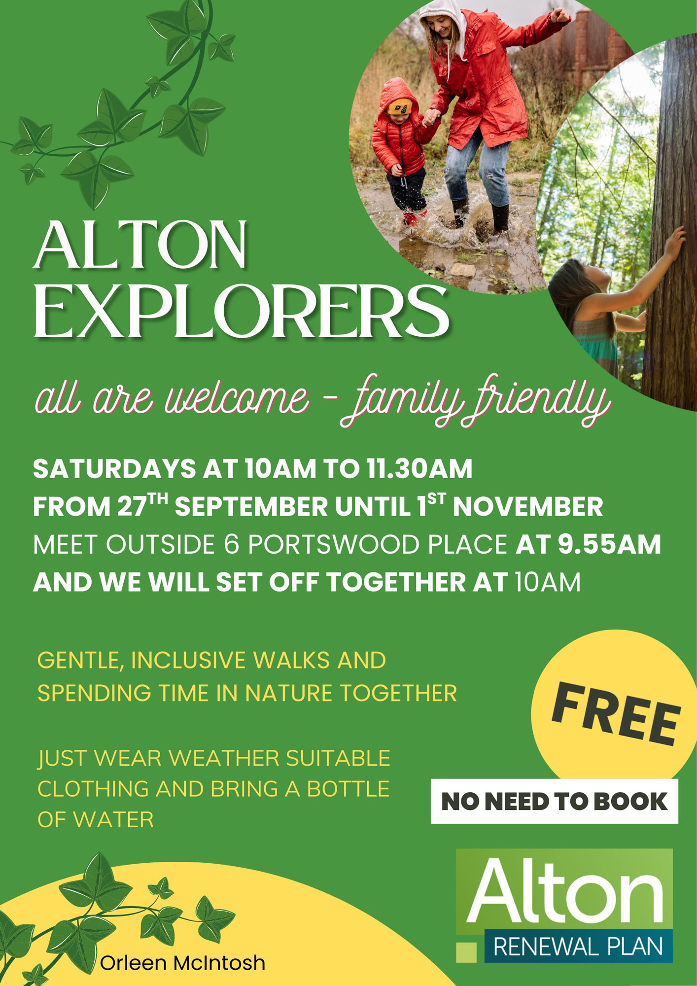 Poster advertising the Alton Explorers - gentle inclusive nature walks on Saturdays at 10am, from 27th September 2025