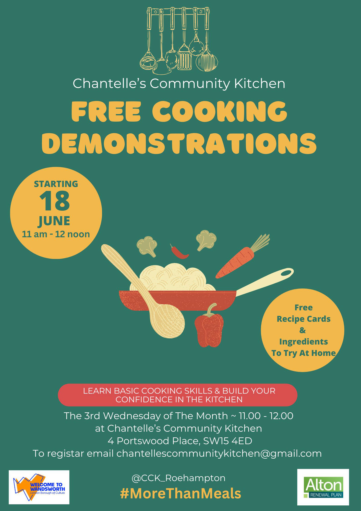 Poster advertising free cooking demonstrations, featuring an illustrated pan with fresh ingredients being added 