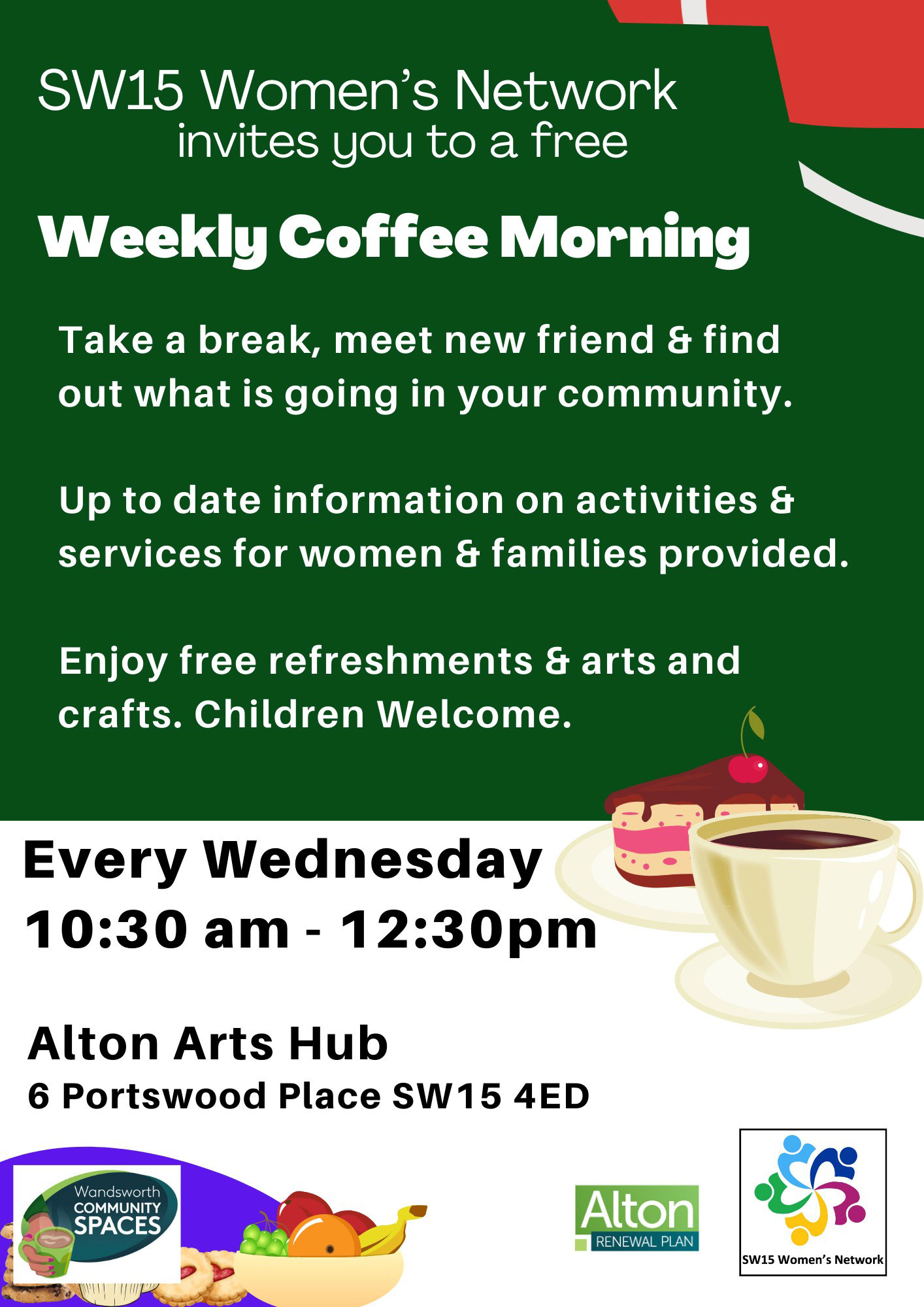 Poster advertising weekly women's coffee morning which takes place every Wednesday from 10.30am in the Alton Arts Hub