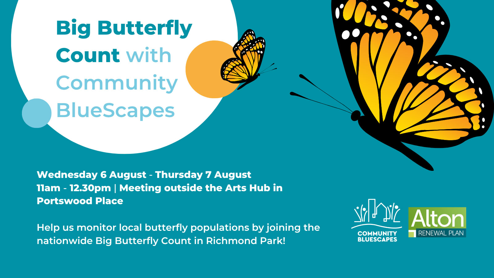 Poster advertising the big butterfly count, on 6th and 7th August 2025, featuring an illustration of a Red Admiral butterfly