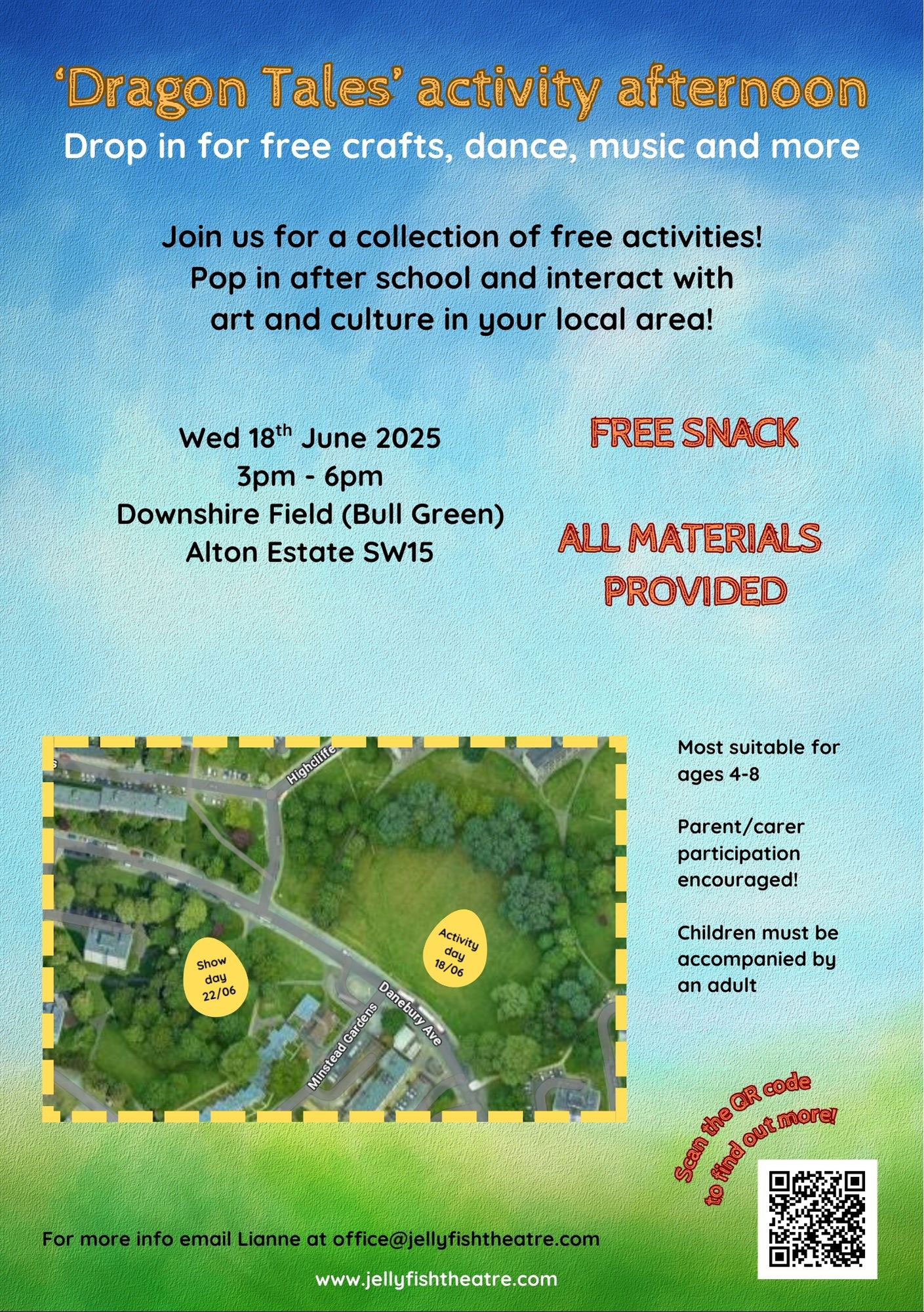 A poster advertising Dragon Tales activity afternoon - free crafts, dance, music and more