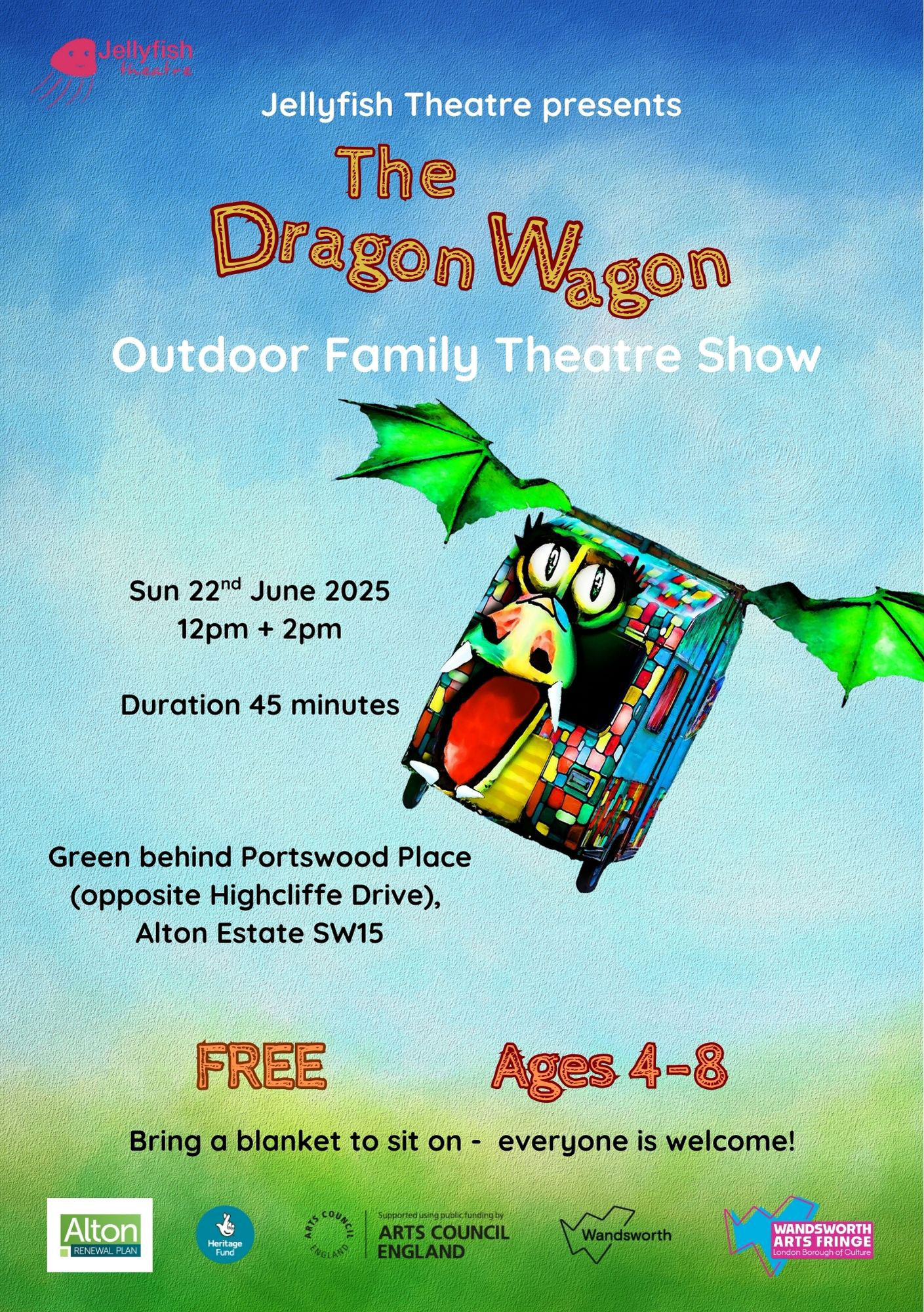 Poster advertising the Dragon Wagon outdoor family theatres show, featuring a colourful flying dragon, which has a caravan for a body and bright green wings