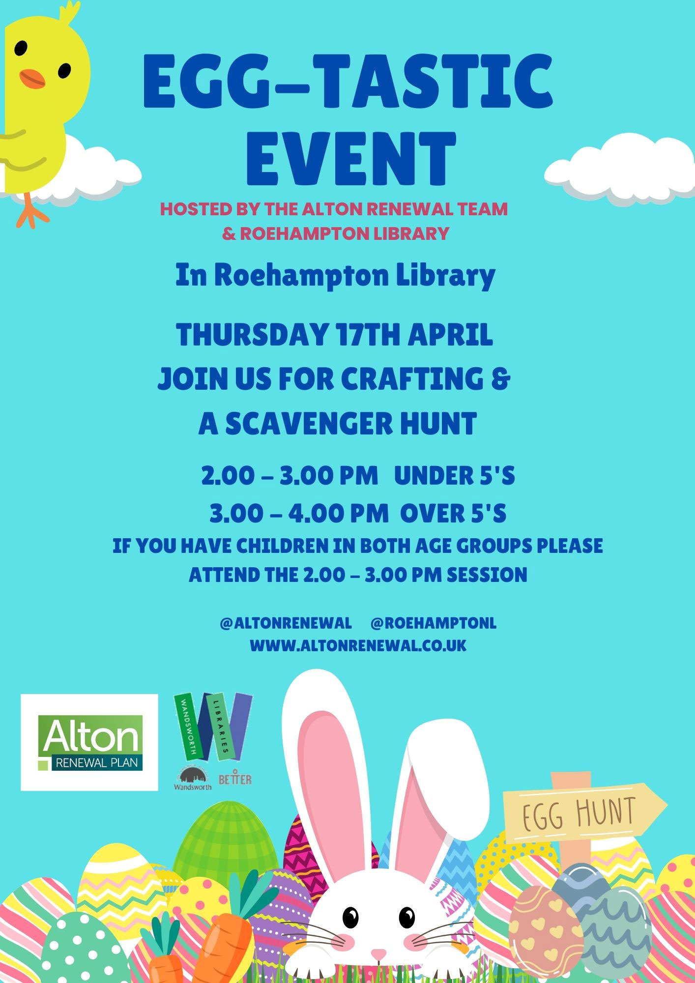 Colourful poster featuring an Easter bunny and painted Easter eggs,advertising an EGG-TASTIC EVENT!