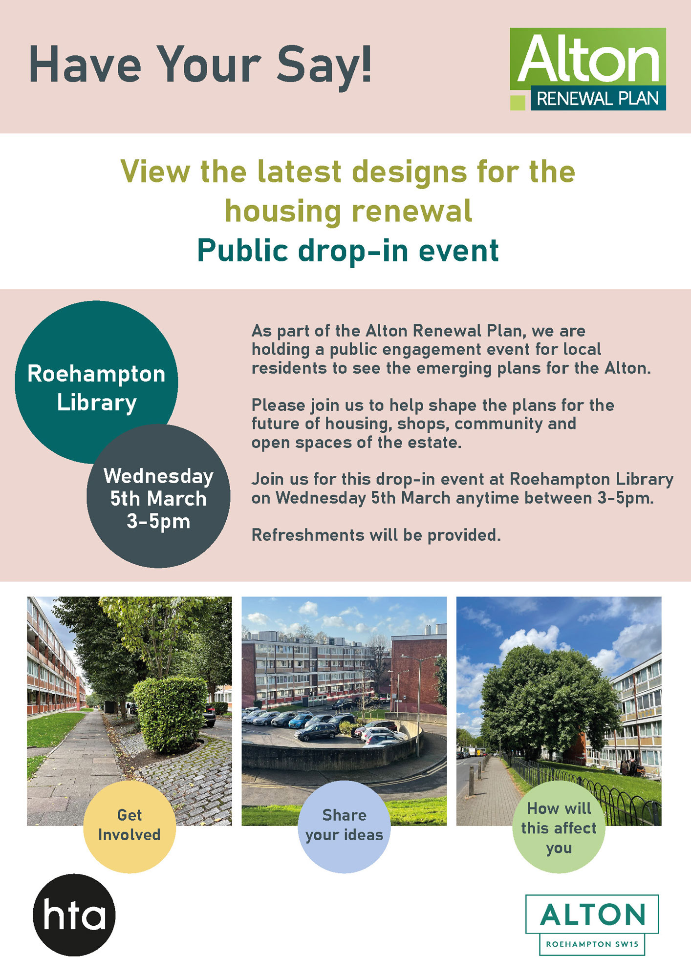 Poster advertising the drop-in event at Roehampton Library on Wednesday 5th March between 3-5pm.