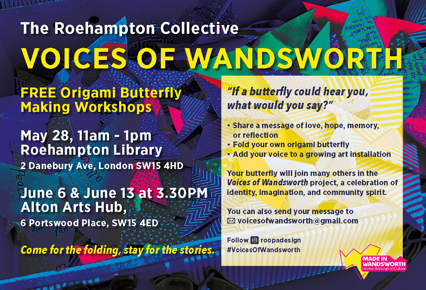 Brightly coloured poster advertising free origami butterfly making workshops..