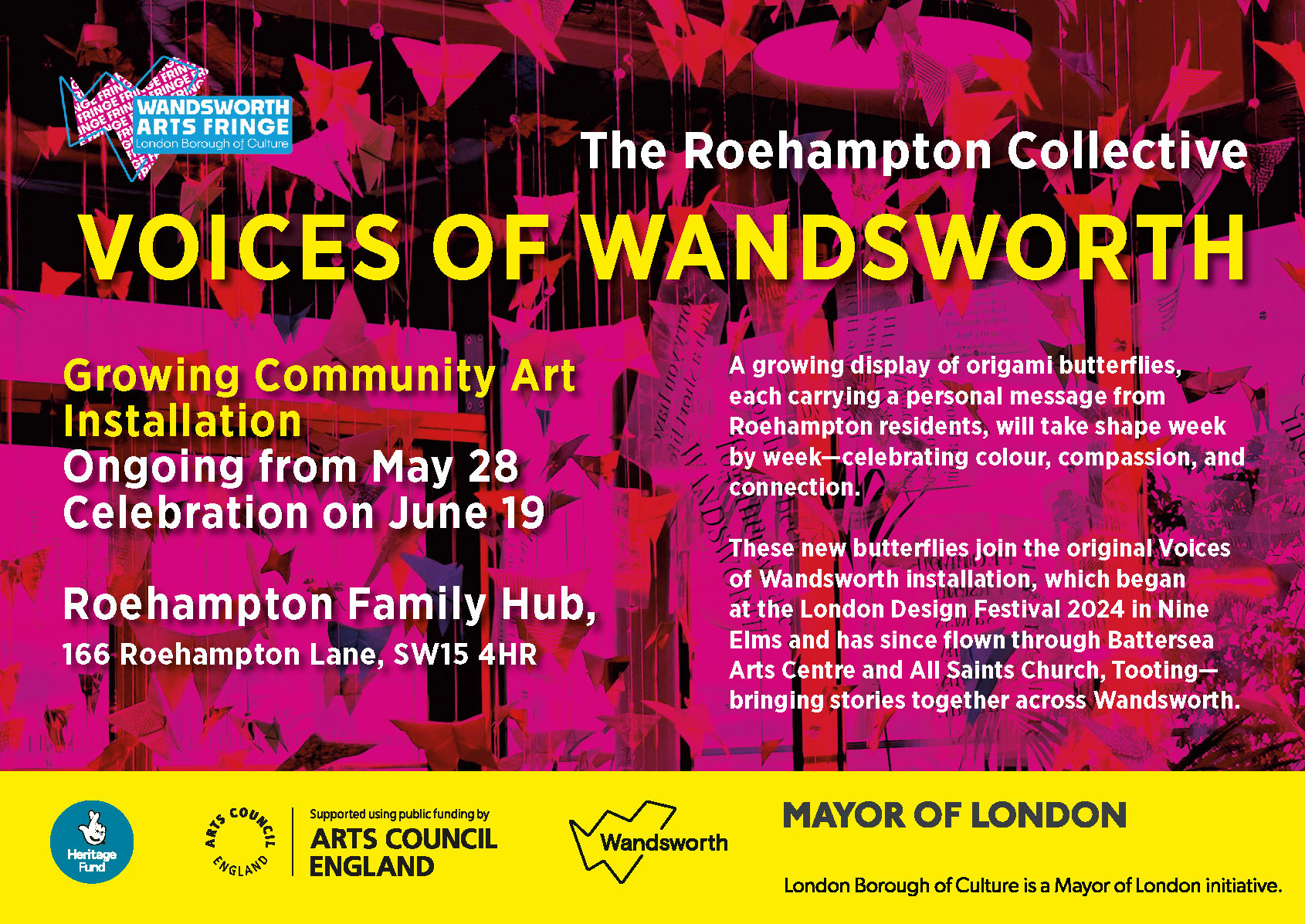 Brightly coloured poster advertising a growing community art installation of origami butterflies.