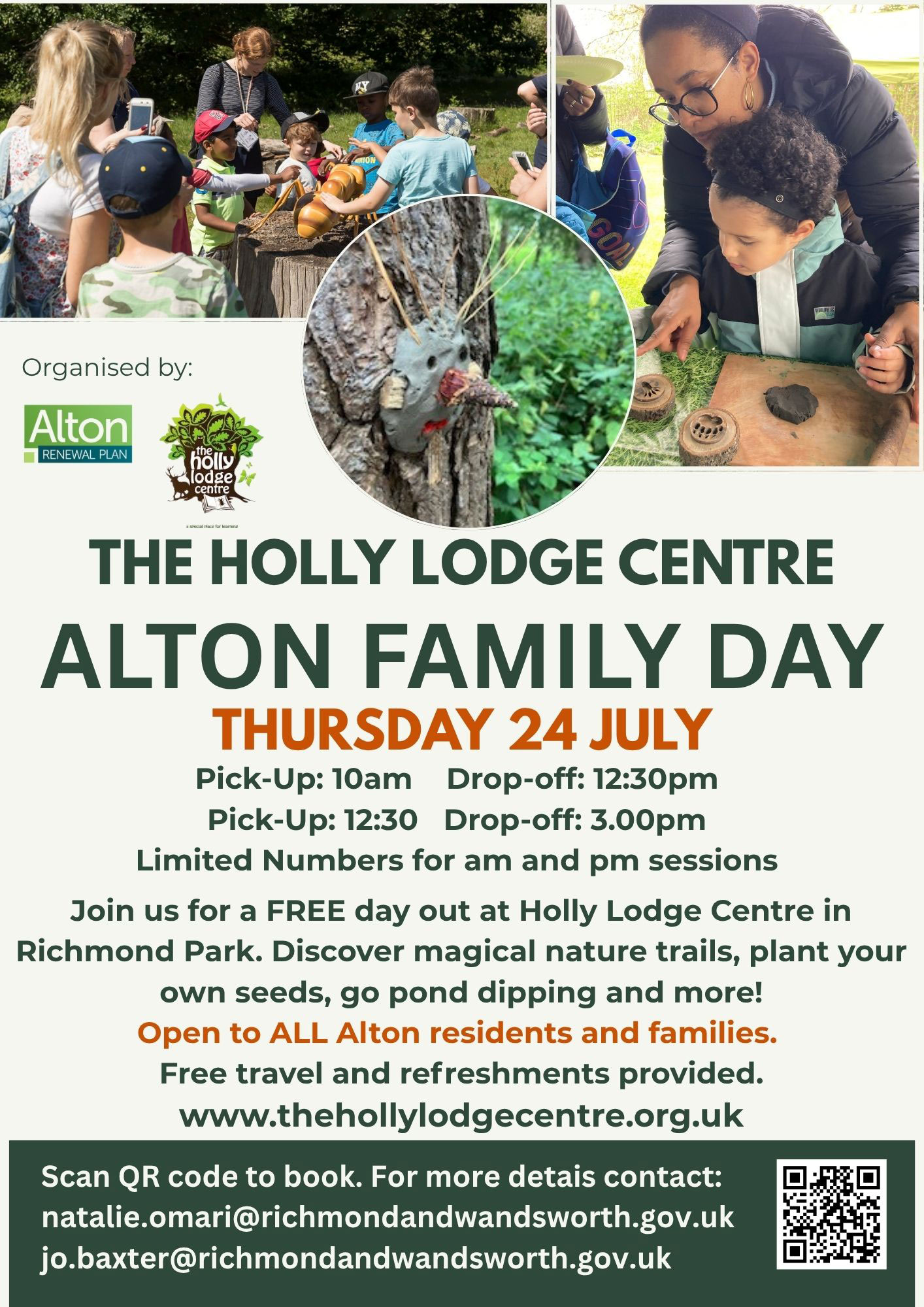 Poster advertising the Alton Family Day at the Holly Lodge Centre, featuring images of families enjoying outdoor activities at the Holly Lodge Centre