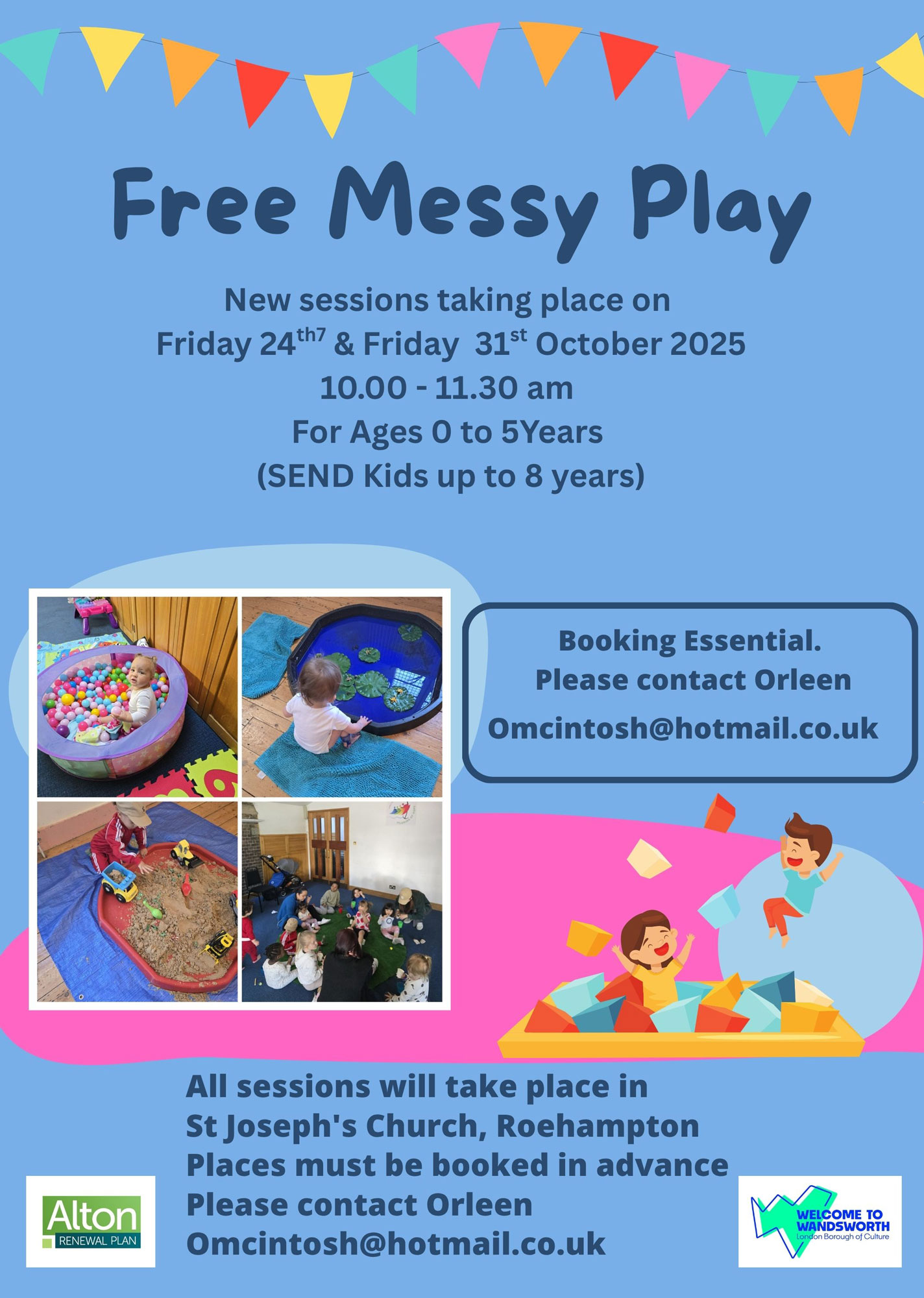 Poster advertising messy play sessions in October 2025, featuring images of children playing.