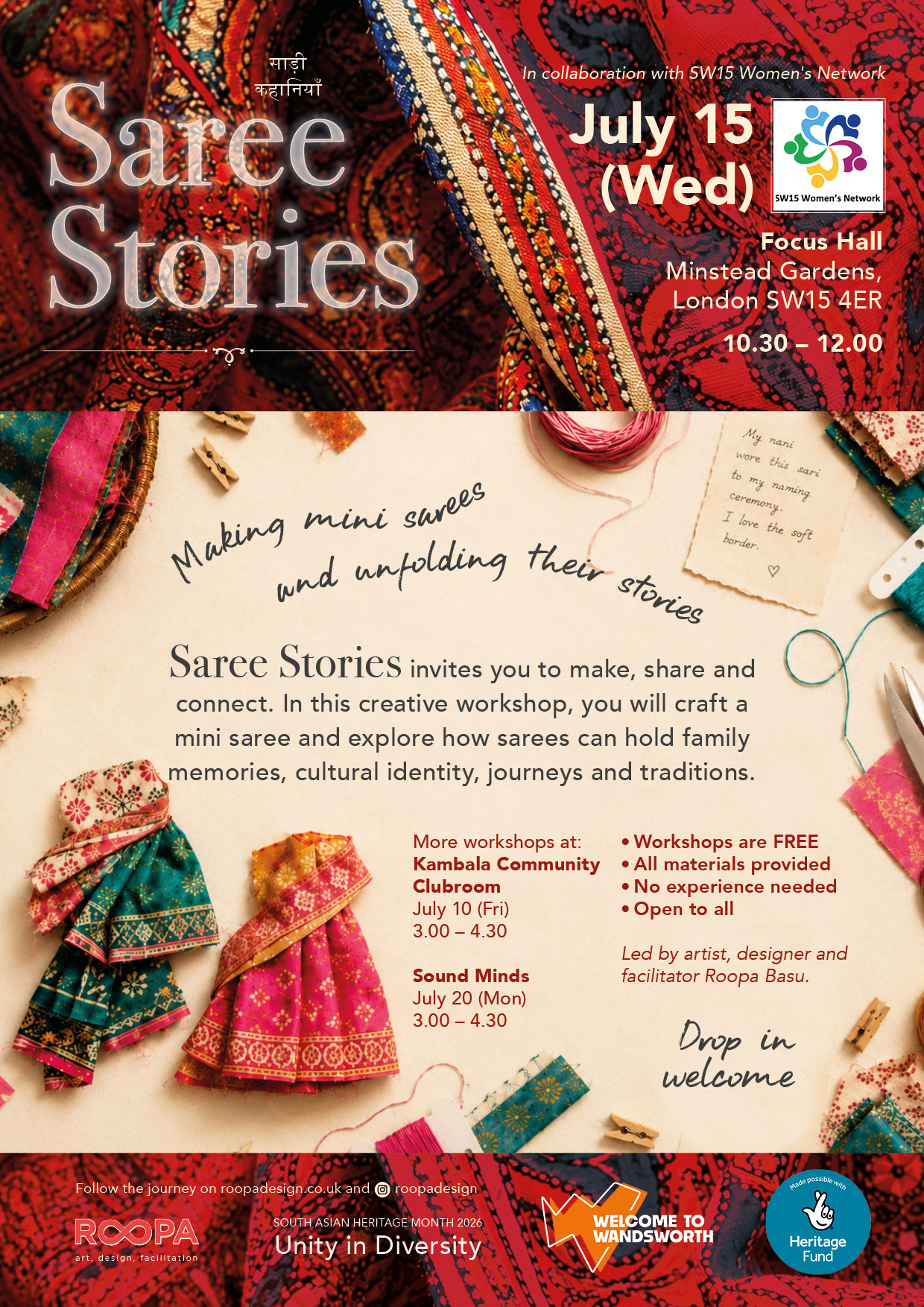A poster advertising Saree Stories, on Wednesday 15th July 2026, featuring colourful fabric and miniature sarees.
