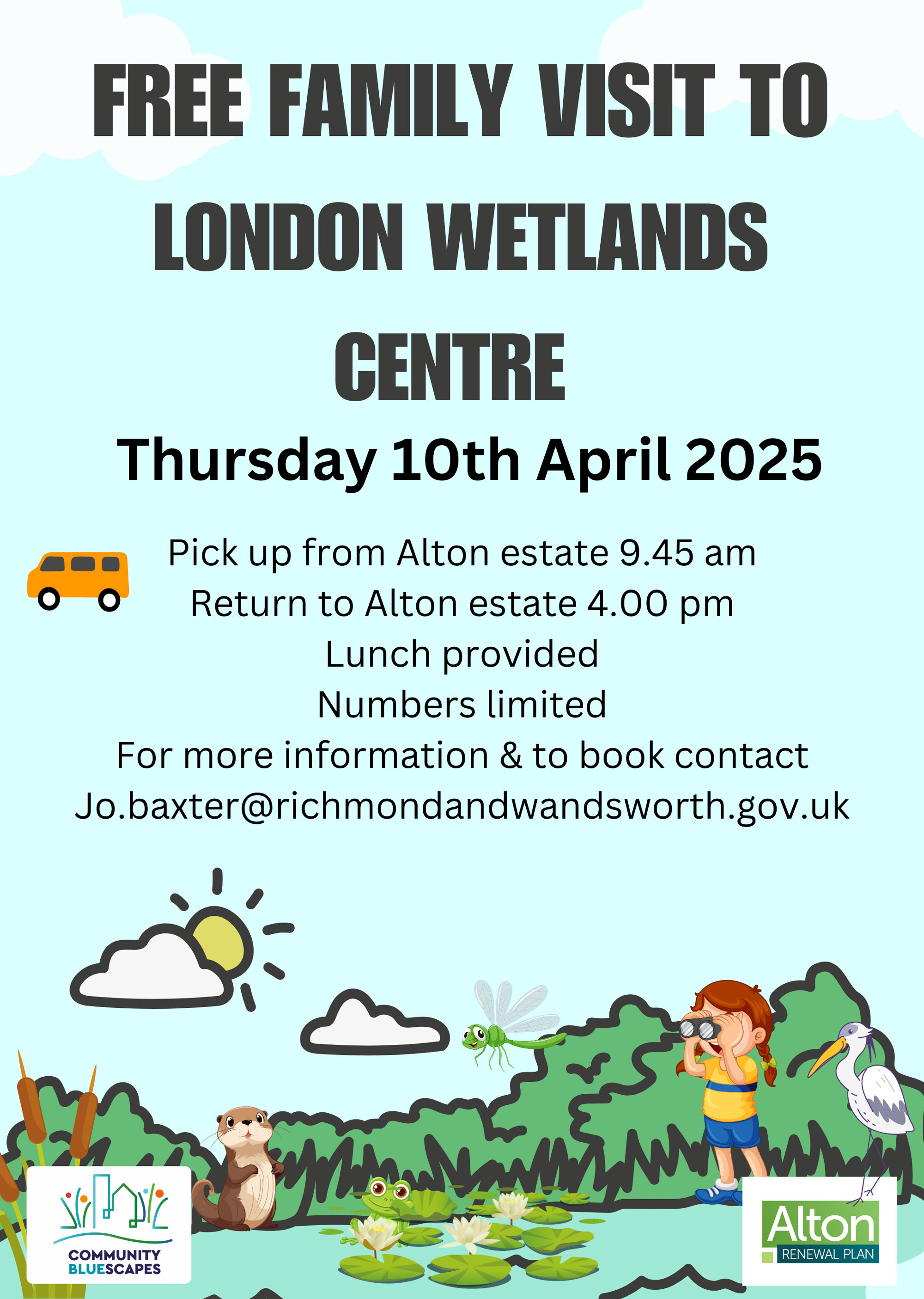 Illustrative poster advertising a free visit to the London Wetlands Centre, featuring a child looking through binoculars in a wetland setting, with wetlands wildlife 