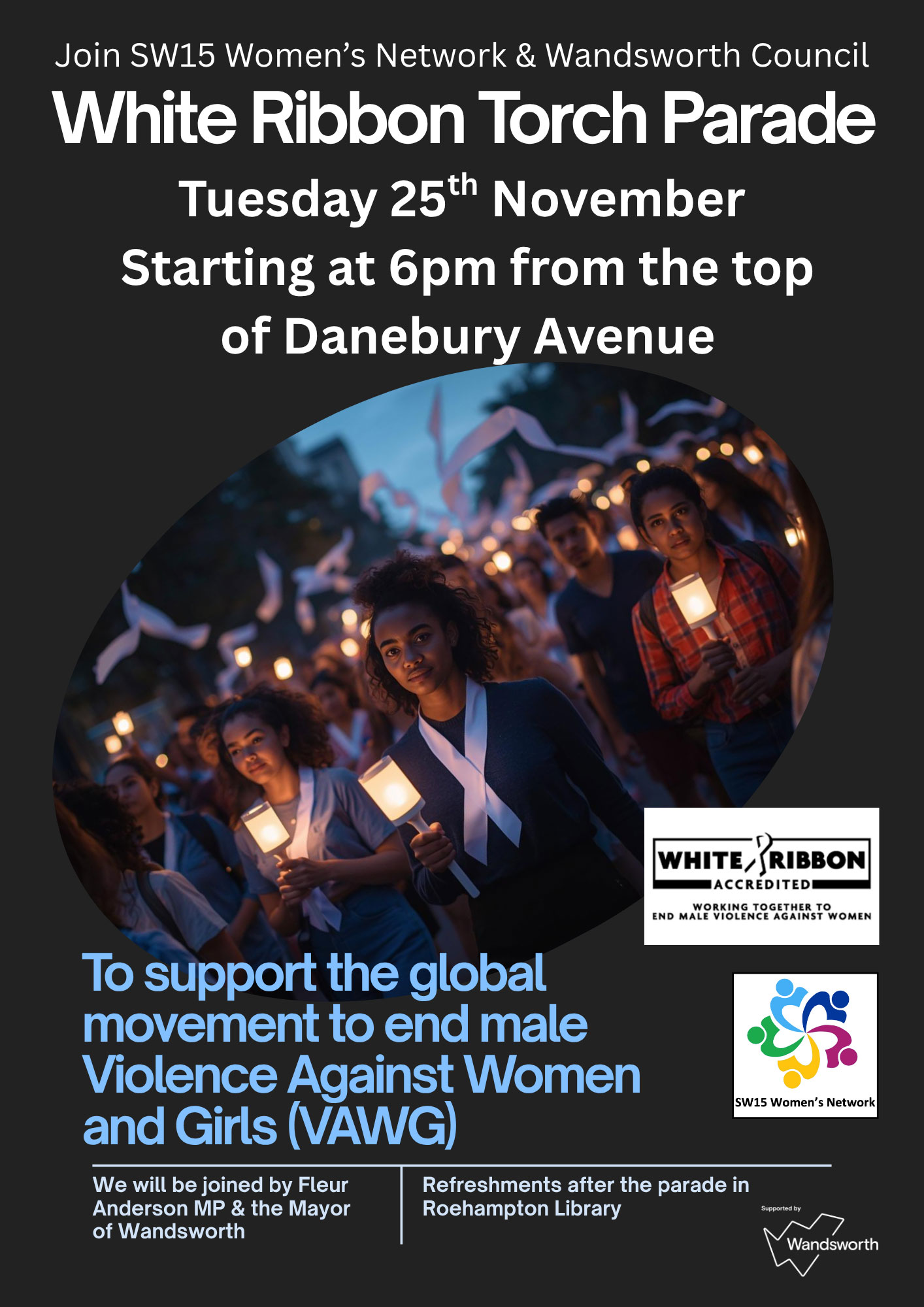 Poster featuring an image of a large group of people parading along a street in the evening, carrying white ribbons and lights.