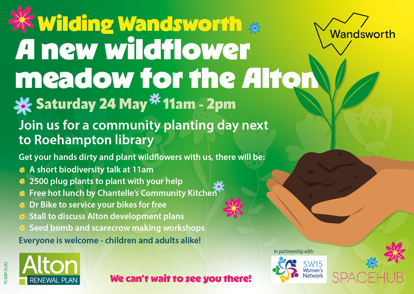 A colourful illustrated poster inviting people to a community planting day to help create a new wildflower meadow outside Roehampton Library.