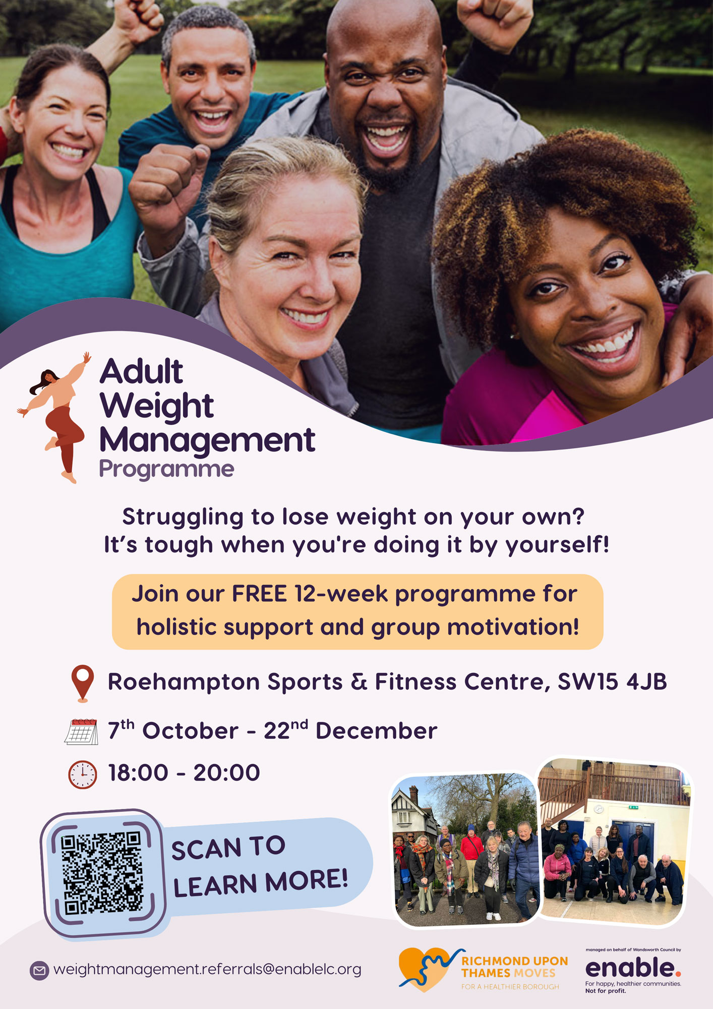 A poster advertising the free adult weight management programme, featuring a picture of a group of five smiling people wearing sportswear in an outdoor setting. They look like they are supporting and encouraging one another.
