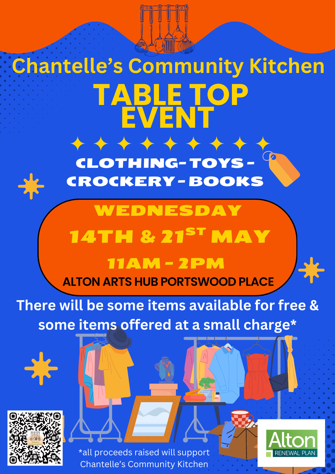 A colourful poster advertising Table Top Events which are taking place in May alongside Chantelle's Community Kitchen.