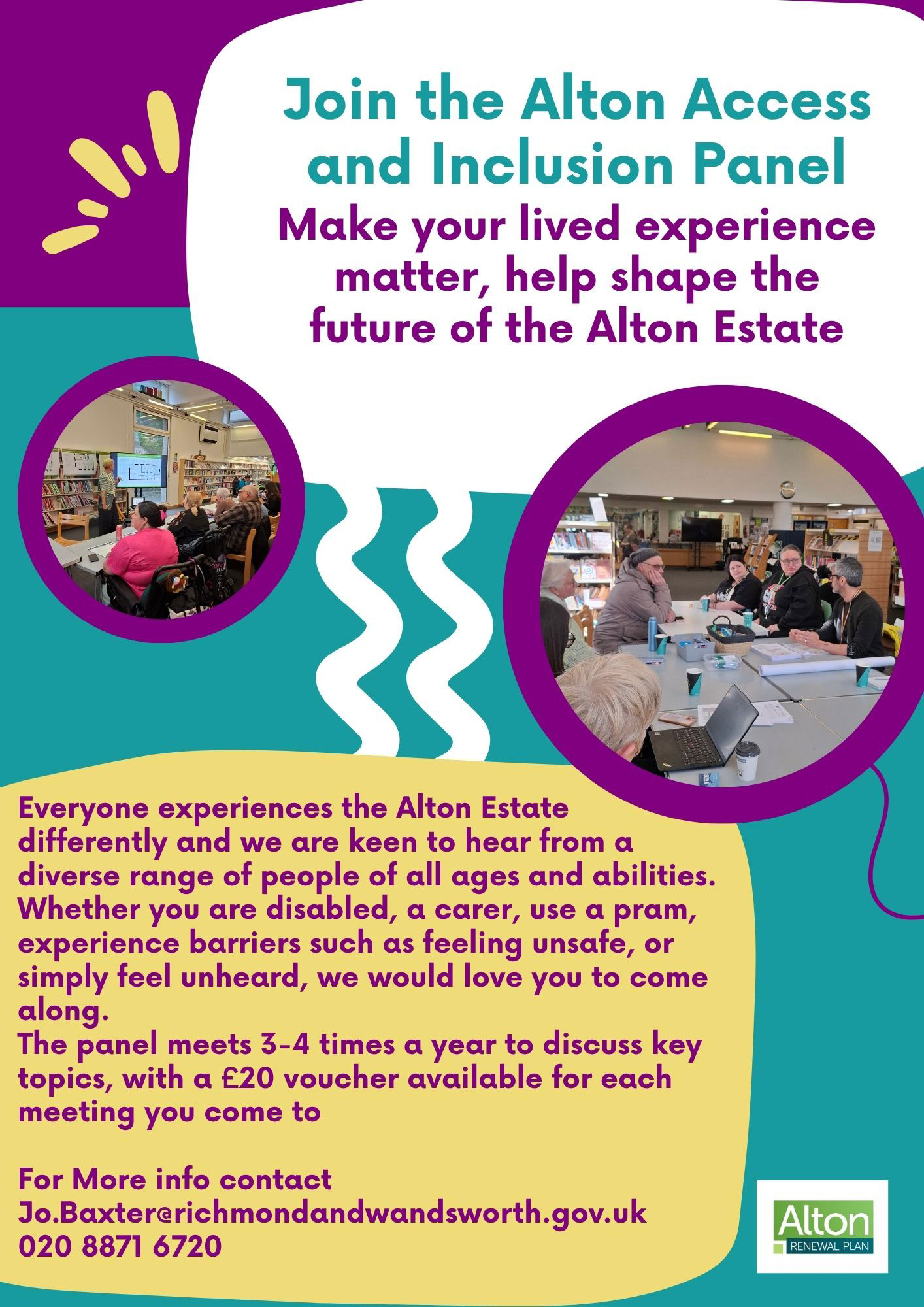 Colourful poster encouraging people to consider joining the Alton access and inclusion panel.
