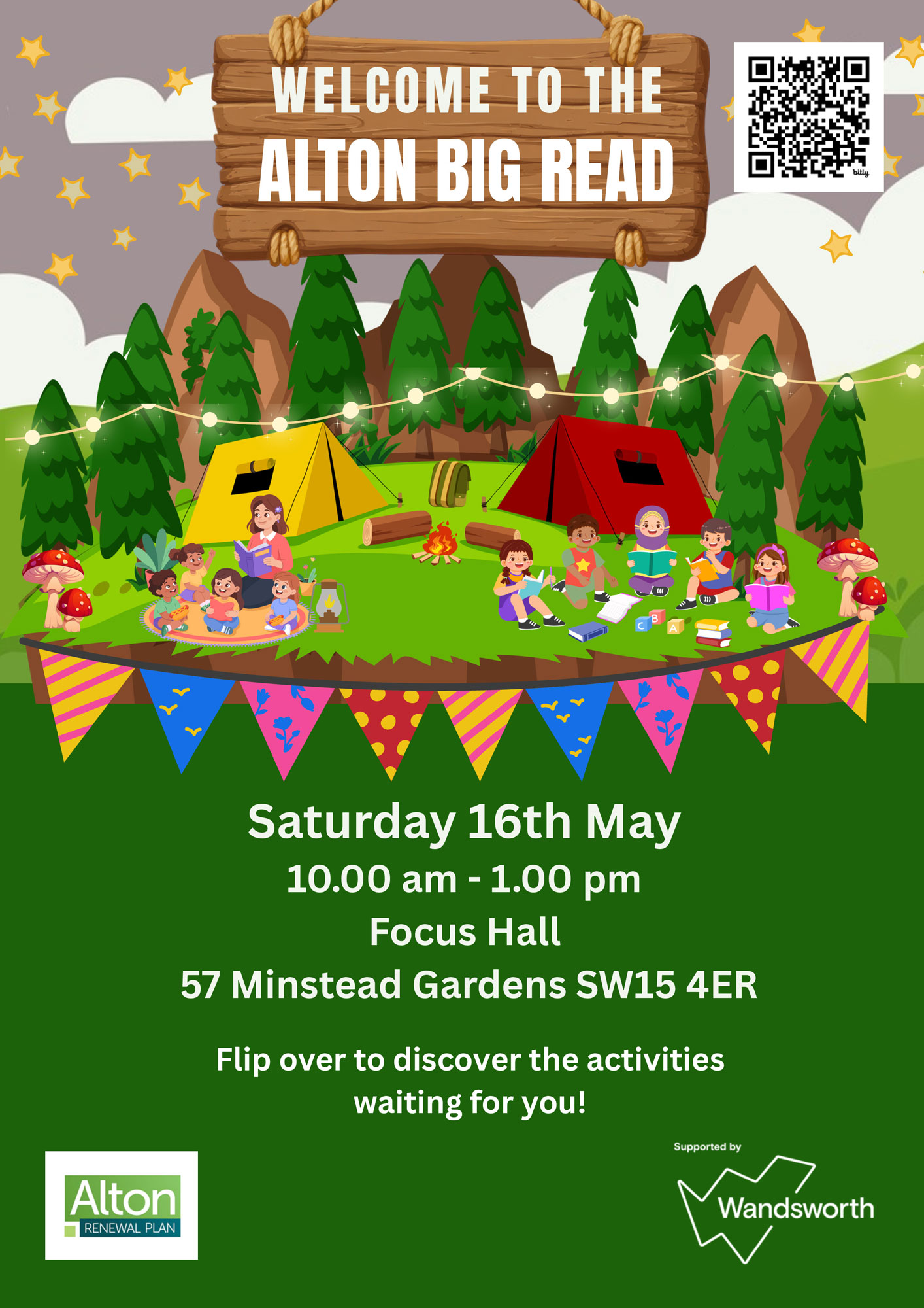 Colourful illustrated poster advertising the Alton Big Read, featuring an illustrations of groups of children reading and having fun.