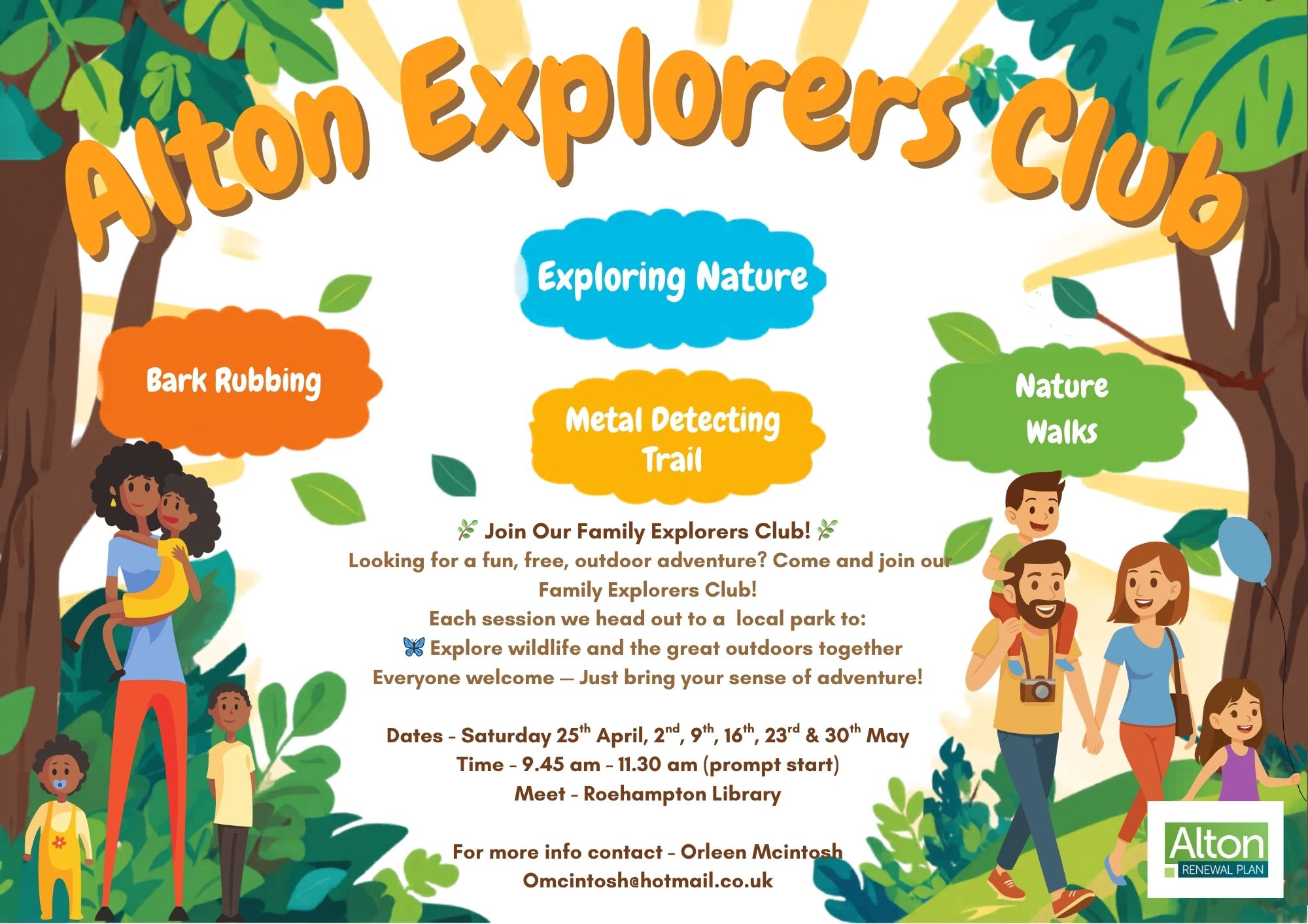 Poster advertising the Alton Explorers Club, featuring illustrations of happy families walking through trees.