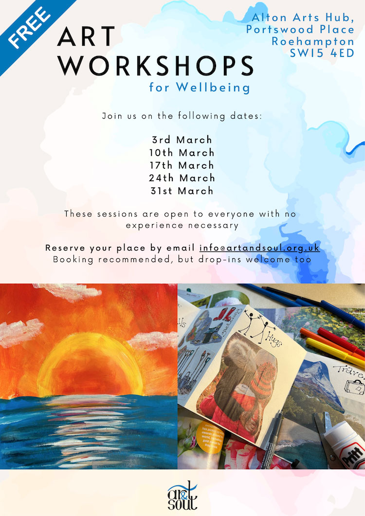 A poster advertising art workshops for wellbeing, featuring different paintings and artworks.