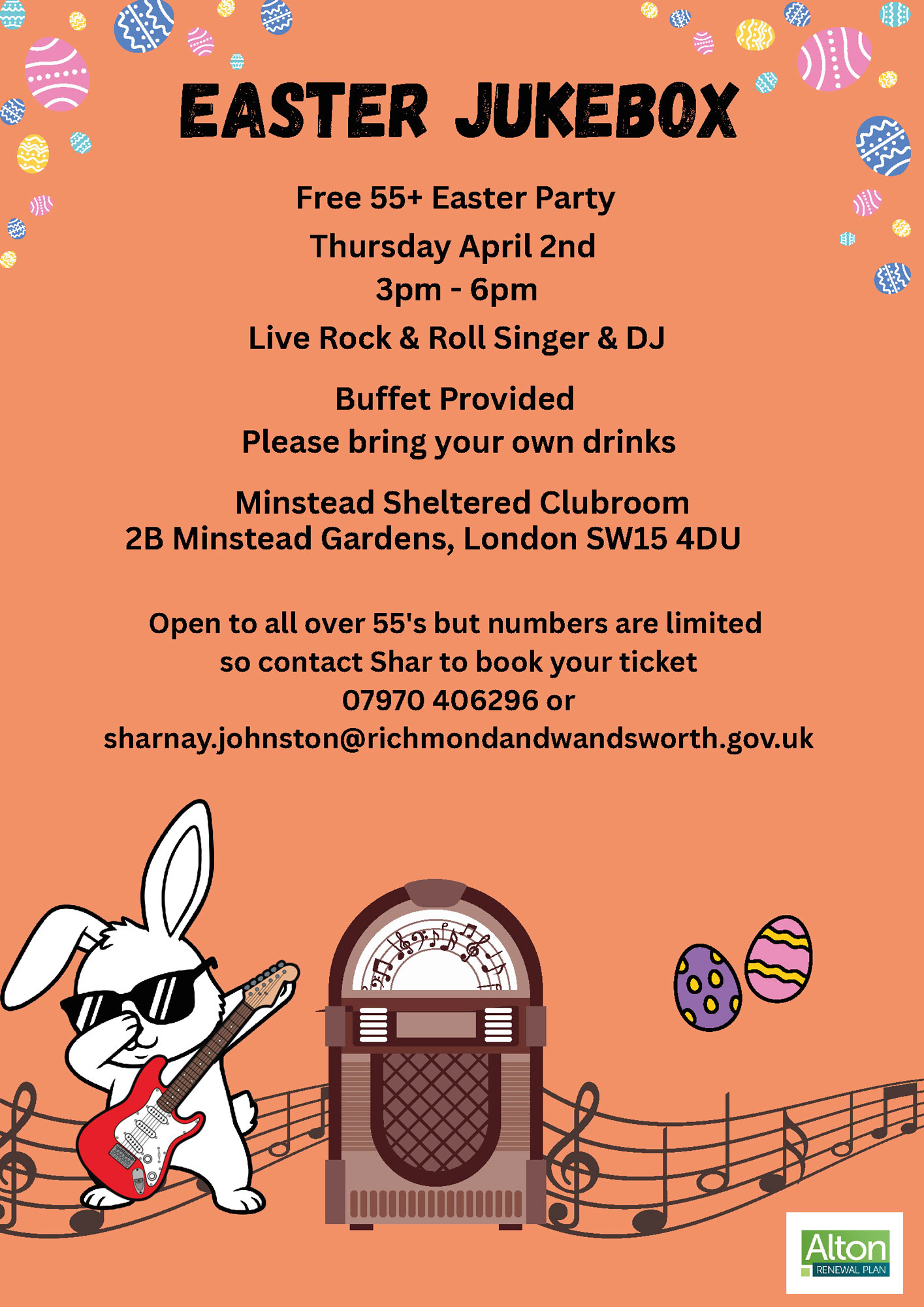 Easter Jukebox poster, featuring an illustration of a jukebox and an Easter bunny playing an electric guitar