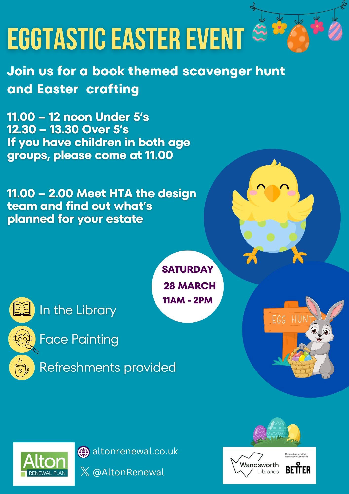 Colourful poster featuring an Easter bunny and Easter chick, advertising an EGG-TASTIC EVENT on Saturday 28 March in Roehampton Library!