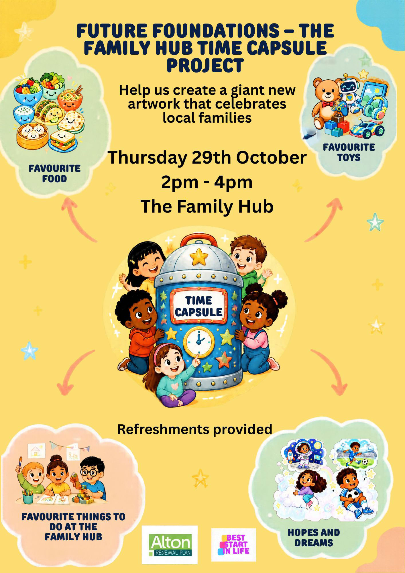 Poster advertising the family hub time capsule project and the event that takes place in The Family Hub on Thursday 29th October from 2pm-4pm