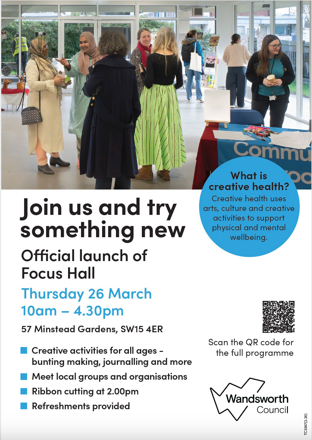 Poster advertising the official launch of Focus Hall, featuring an image of people meeting in a community space