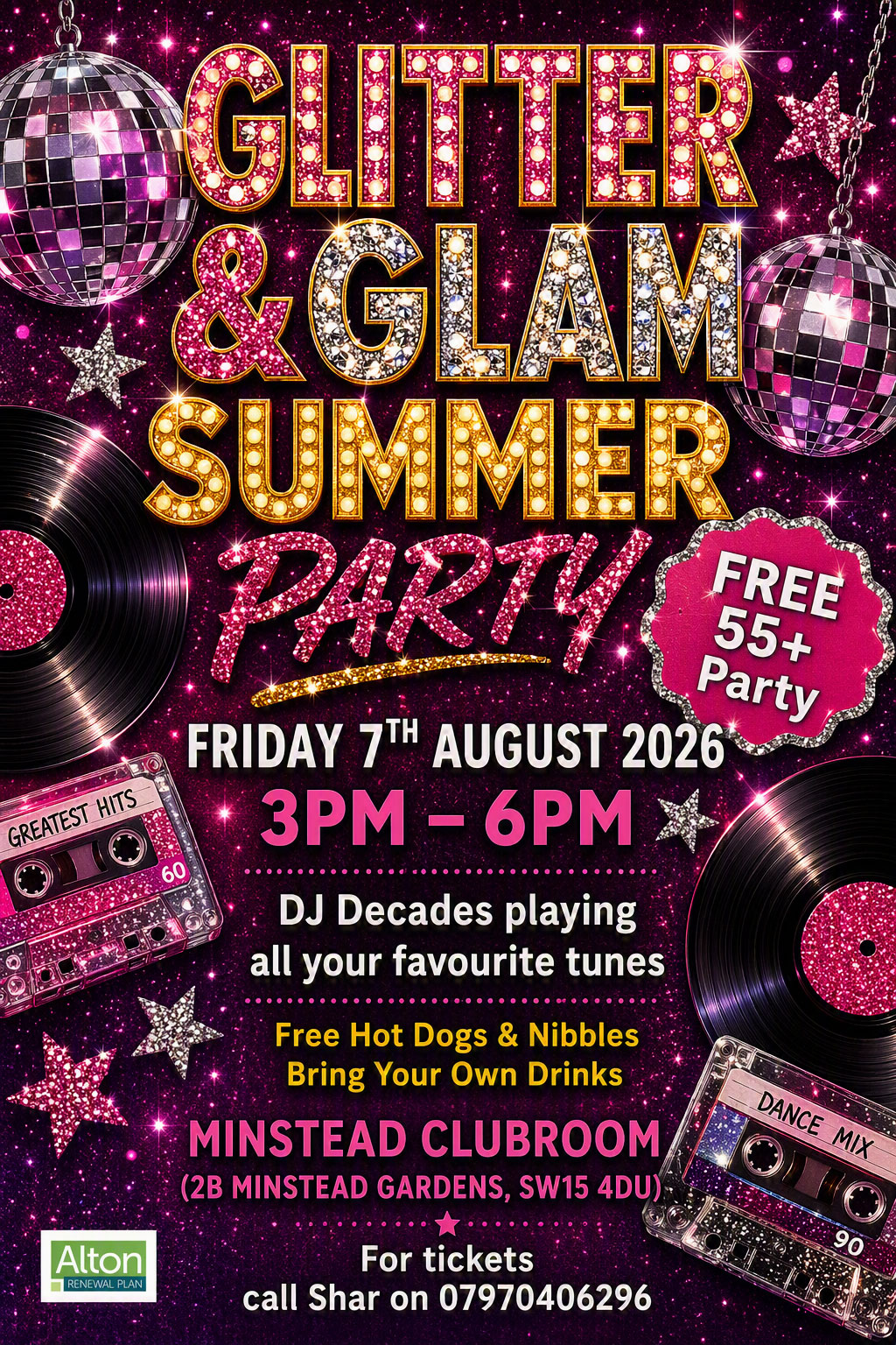 Glitter & Glam Summer Party poster, featuring lots of hot pink and silver sequins, a disco ball and a selection of glittery records and mix tapes