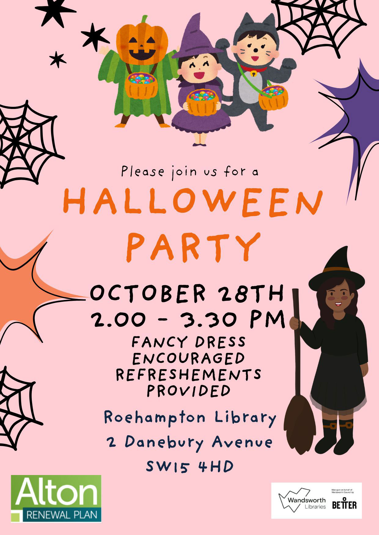 Halloween Party Invitation featuring illustrations of children dressed up in costumes