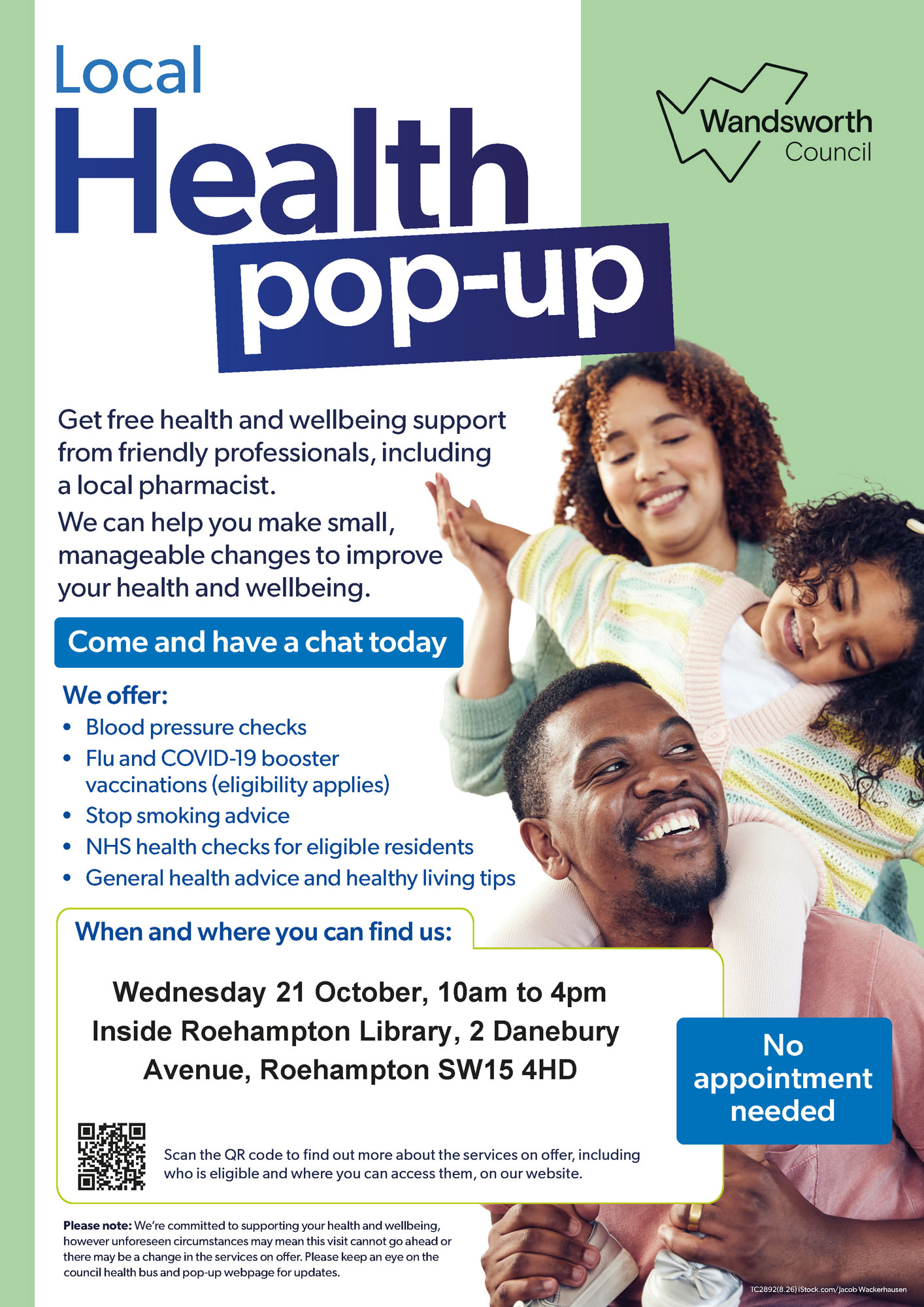 Poster advertising a local health pop-up in Roehampton Library on Wednesday 21st October, from 10am to 4pm