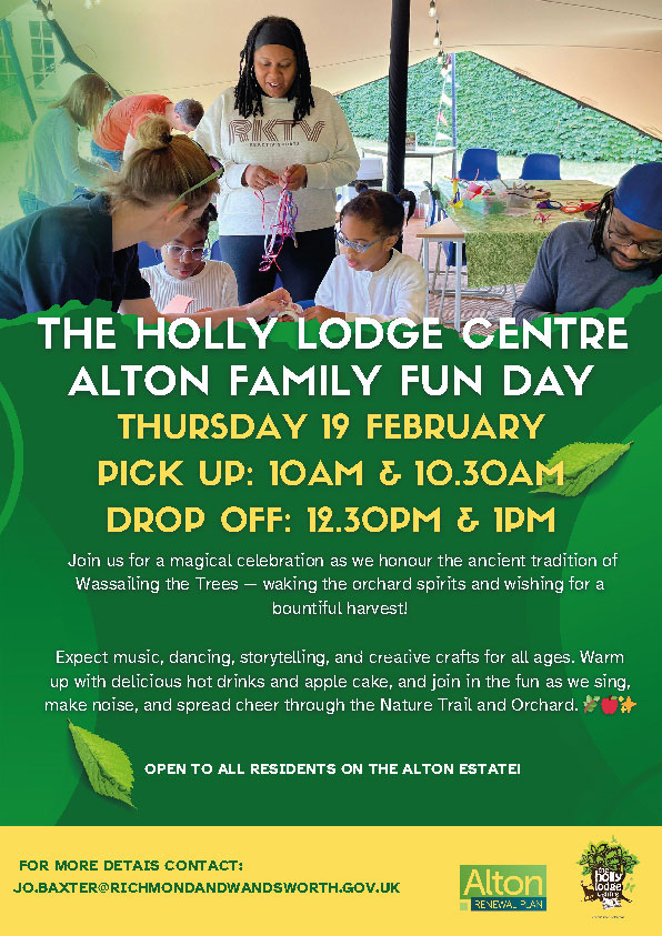 A poster advertising the Holly Lodge Centre Family Fun Day, featuring a group of people of all ages, participating in craft activities.
