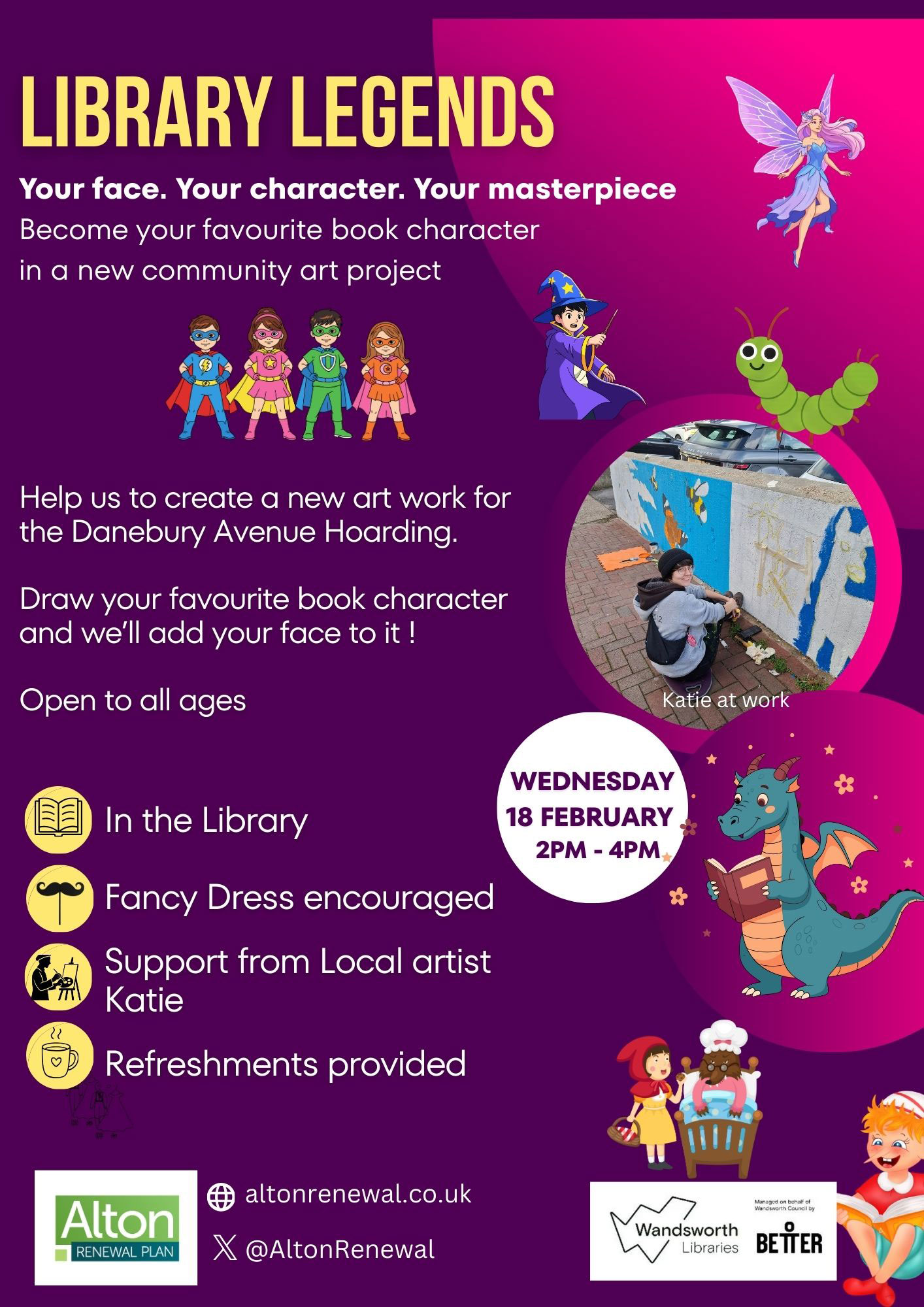 Colourful poster advertising the Library Legends community art event on Wednesday 18th February at Roehampton Library