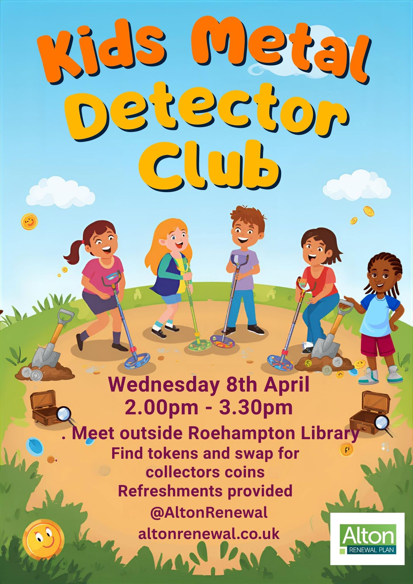 Poster advertising kids' metal detector club, featuring an illustration of children using metal detectors and digging for treasure.