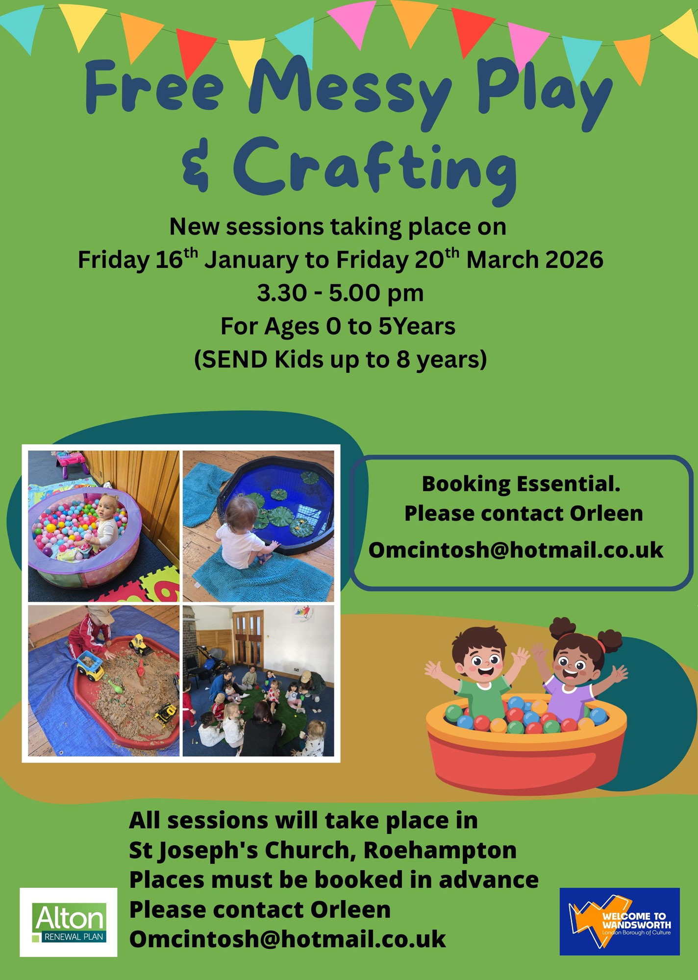 Poster advertising messy play sessions from January 2026, featuring images of children playing.