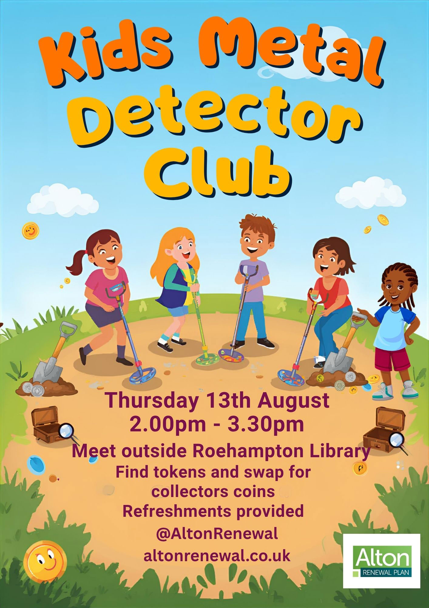 Poster advertising kids' metal detector club, featuring an illustration of children using metal detectors and digging for treasure.