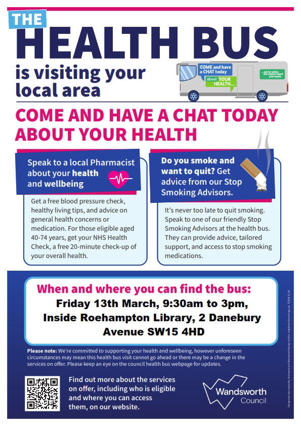 Poster advertising a visit by the Health Bus to Roehampton Library on Friday 13th March, from 9.30am until 3pm.