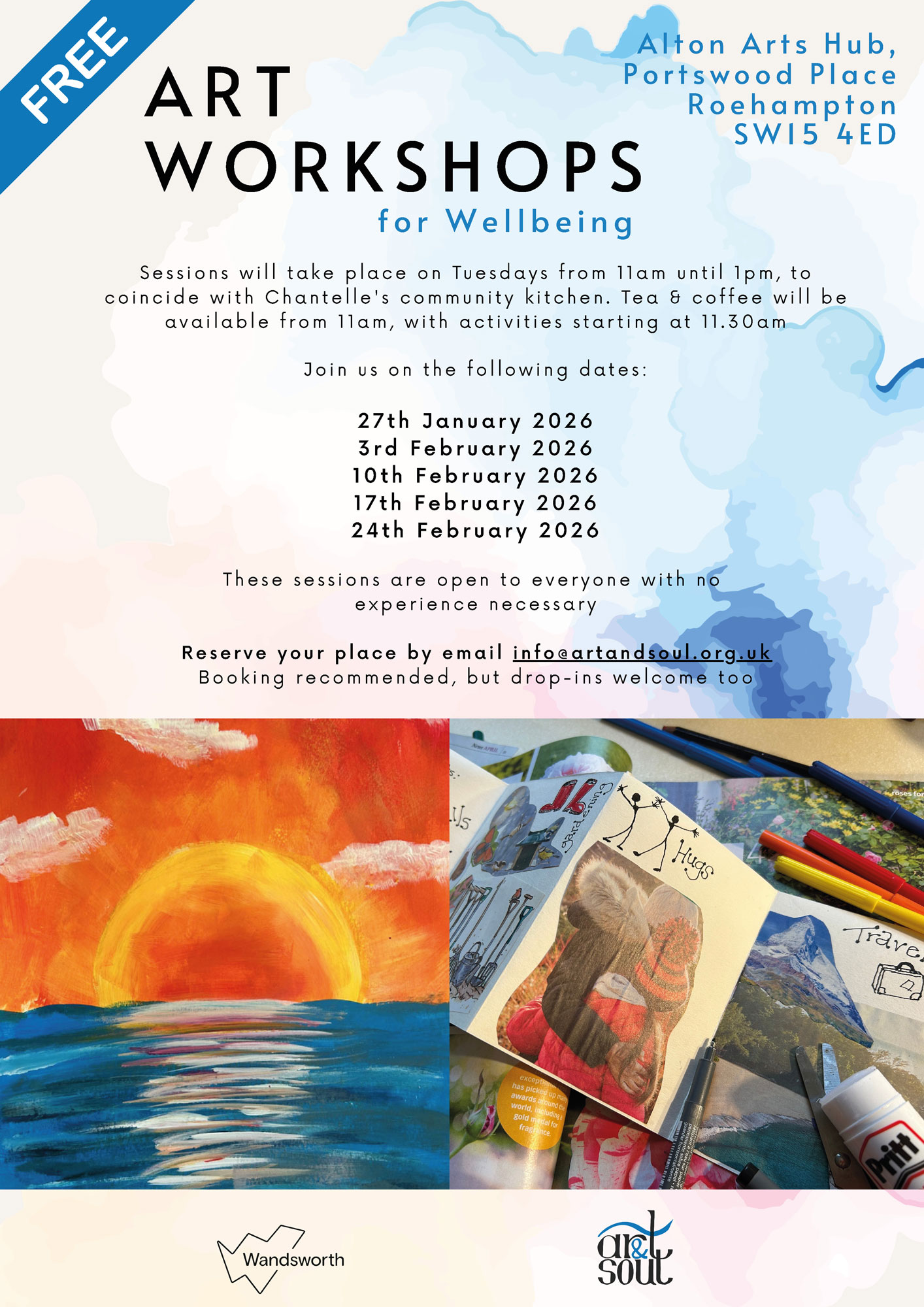A poster advertising art workshops for wellbeing, featuring different paintings and artworks.