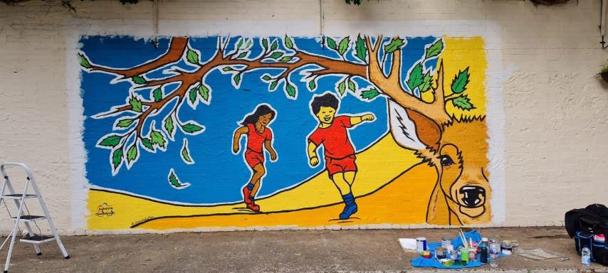 The colourful mural in Harbridge Square