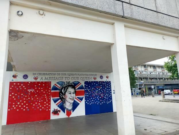 The Jubilee mural has brightened the undercroft at the end of Danebury Avenue