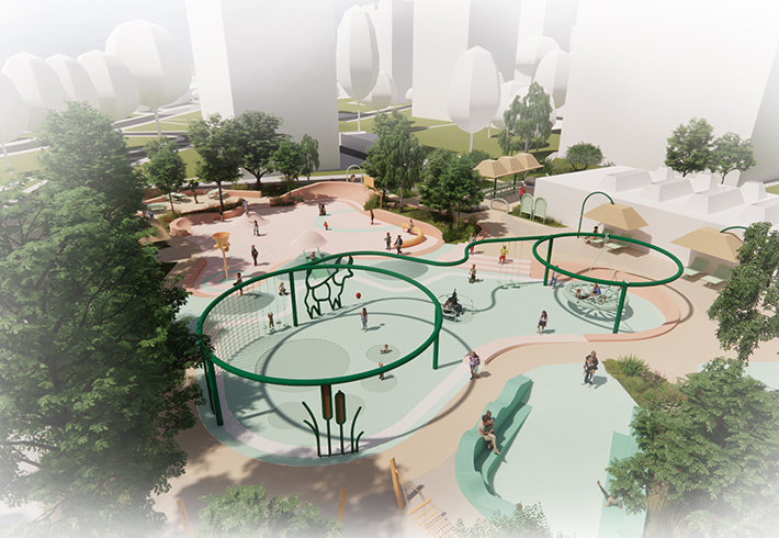 A concept aerial view of the refurbished Alton Activity Centre play space looking north