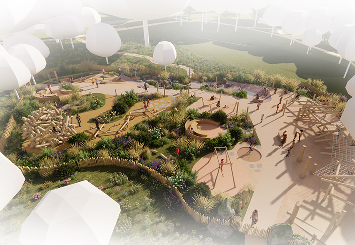 A concept aerial view of the Downshire Field Play space, looking south-east