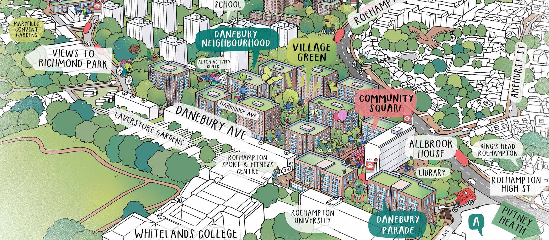Illustrative aerial view of the Alton Estate and the proposed new buildings and facilities