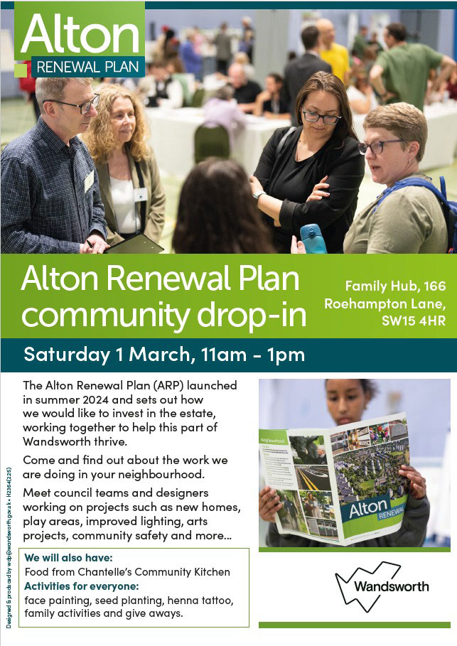 A poster advertising the Alton Renewal Plan community drop-in, on Saturday 1st March, between 11am and 1pm, at the Family Hub, 166 Roehampton Lane