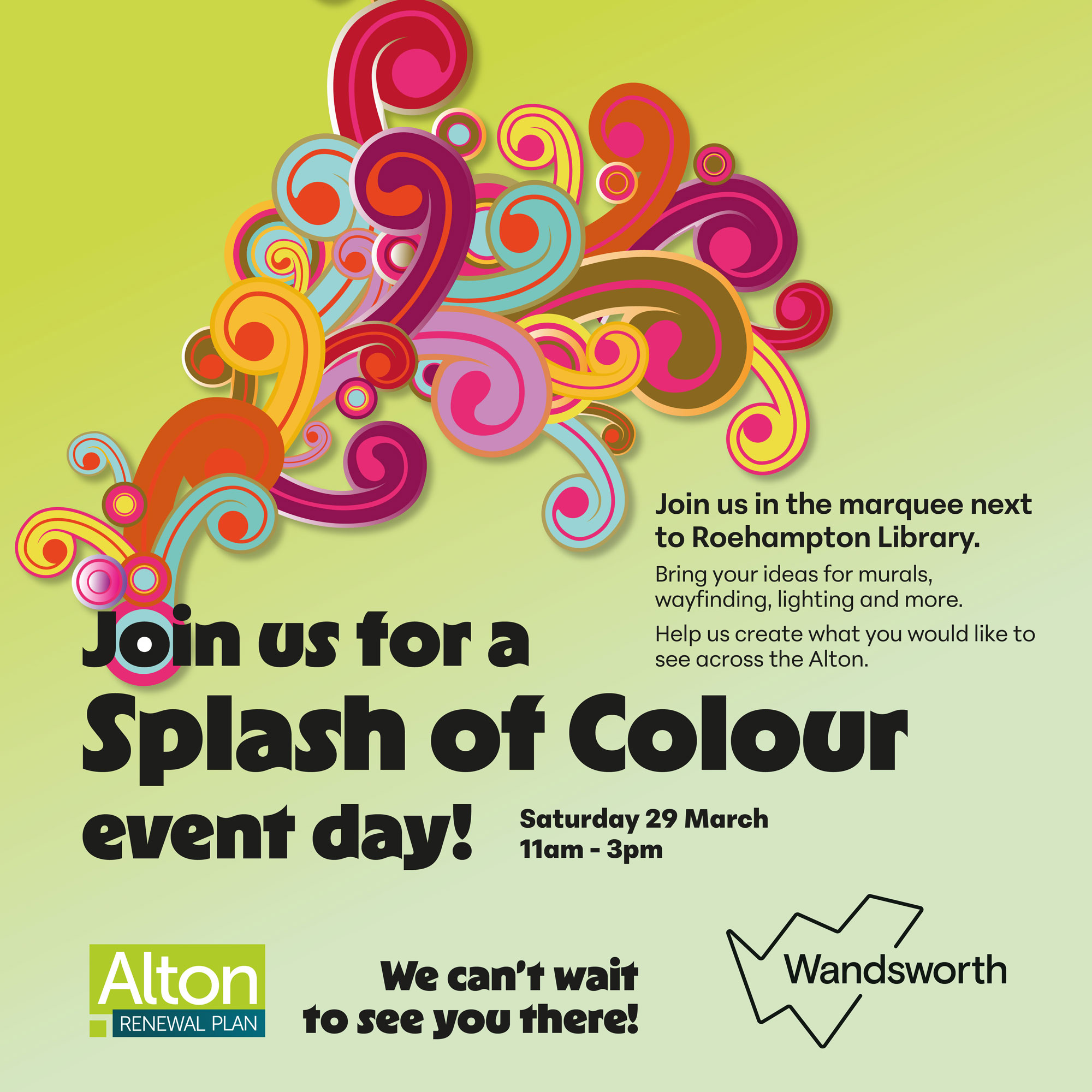 A poster advertising Splash of Colour Event Day, featuring bright swirls of colour.