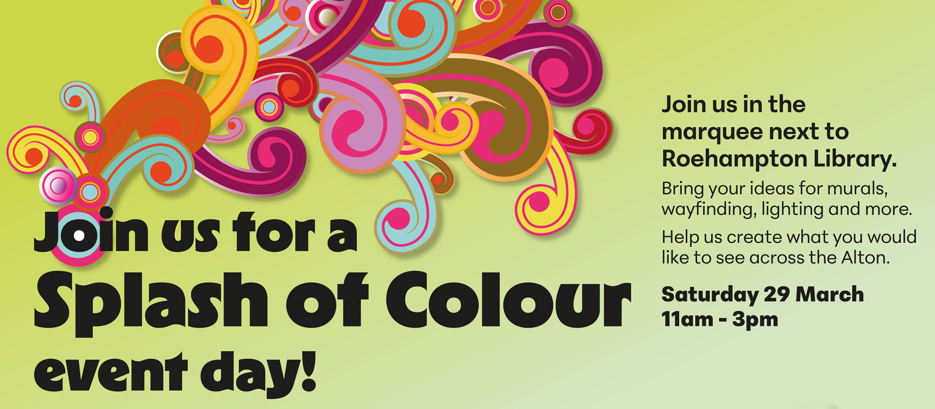 A poster advertising Splash of Colour Event Day, featuring bright swirls of colour.