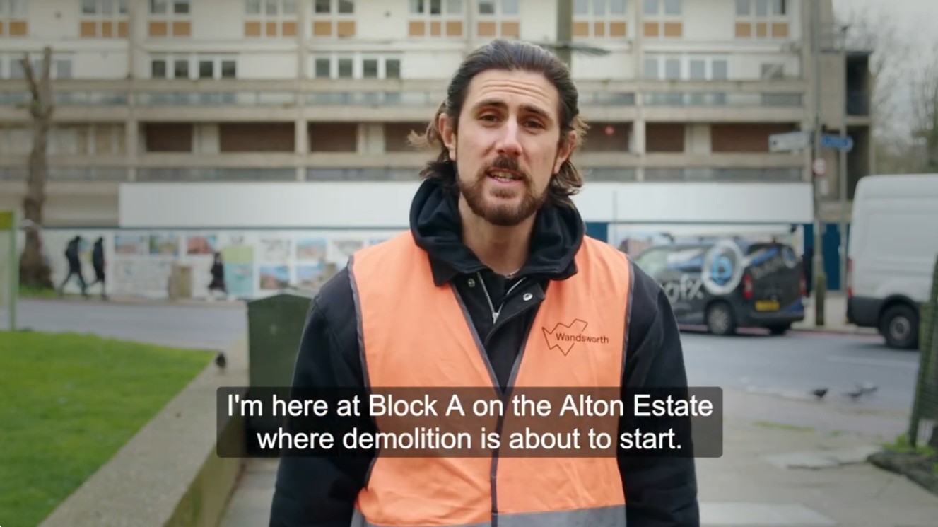 A screenshot of a video featuring Councillor Aydin Dikerdem talking about the plans for Block A, as part of the Alton Renewal programme.