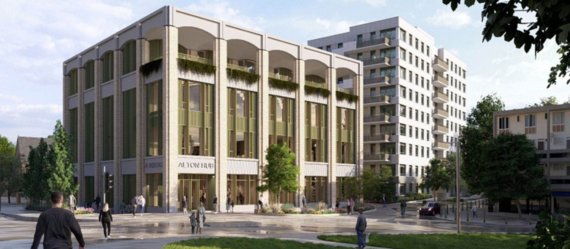 An illustrative view from Roehampton Lane, looking towards the new community building and council homes